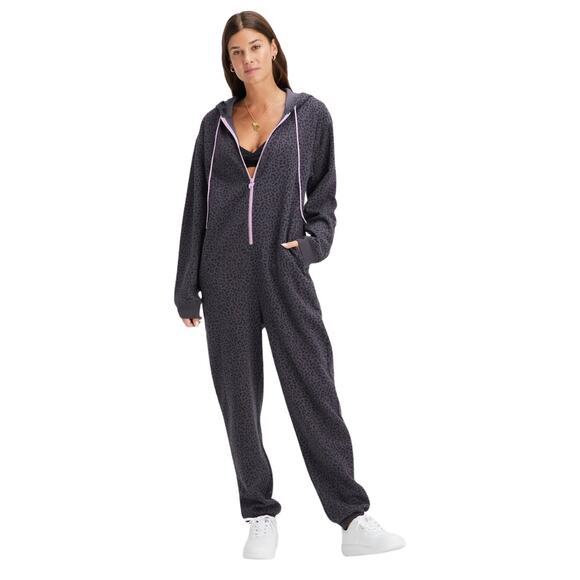 Fabletics Jumpsuit Women Small Gray Forever Fleece Hooded Onesie Leopard NEW - Picture 1 of 12